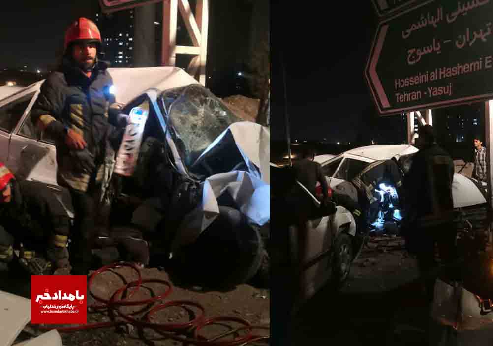 نجات سرنشین گرفتار در تصادف دو خودروی سواری